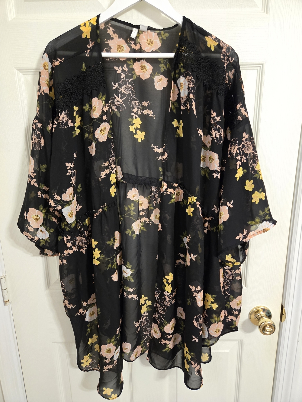 Cato Sheer Black Floral Kimono Top with Pink & Yellow Blooms Size XL